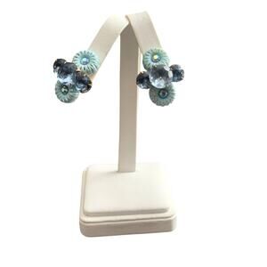Judy Lee Signed Vintage‎ Blue Clip On Earrings Floral Rhinestone